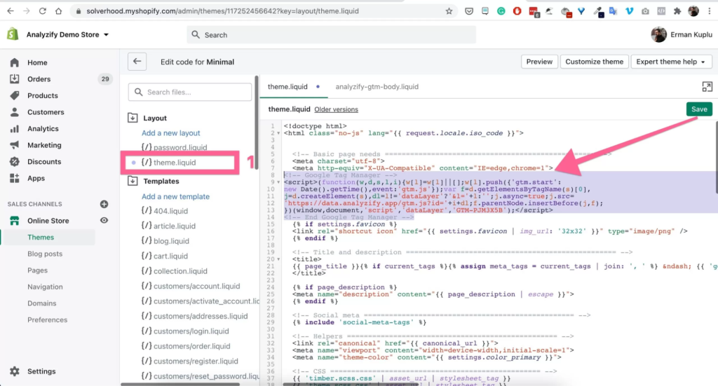 Paste the header snippet right after the <head> tag